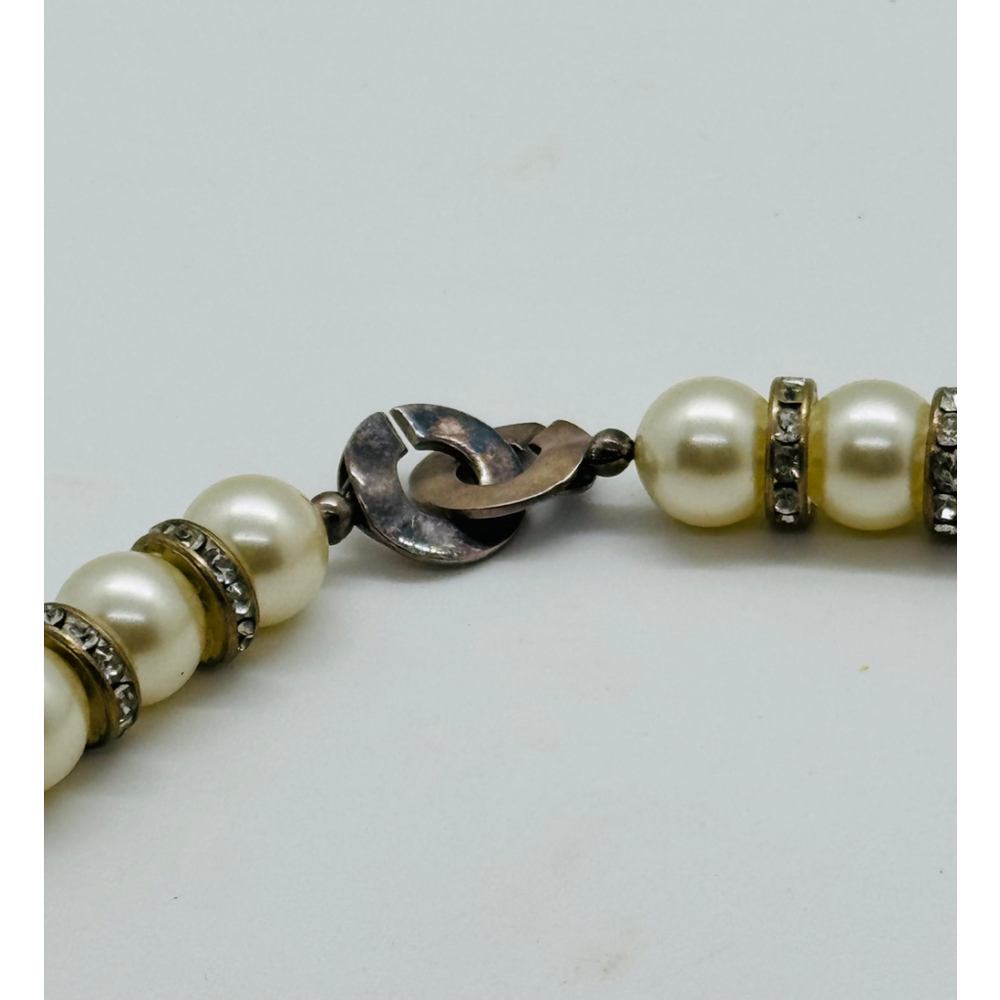 Vtg 90s Glass Faux‎ Pearl And Rhinestone Necklace 15" - Picture 5 of 7